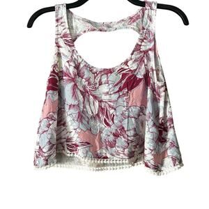 Tropical Floral Crop Top Sleeveless Keyhole Back Pom-Pom Trim Summer Tank